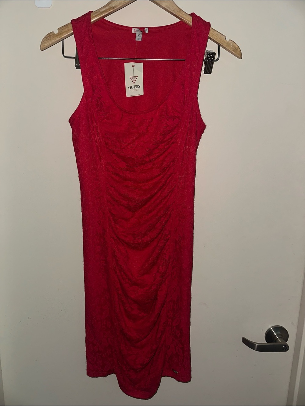 GUESS Red Ruched Lace Tank Dress